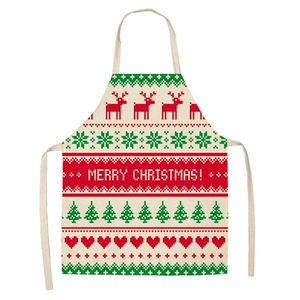 Detailed print of reindeer and Christmas tree on a beige linen festive holiday apron
