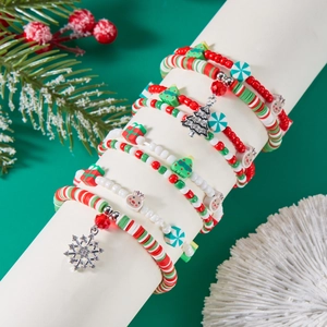 Christmas Beaded Bracelet With Polymer Clay Alloy Snowflake Christmas Tree Charms Holiday Festive Jewelry For Women Girls