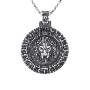Viking lion head embossed round pendant necklace in silver stainless steel for men