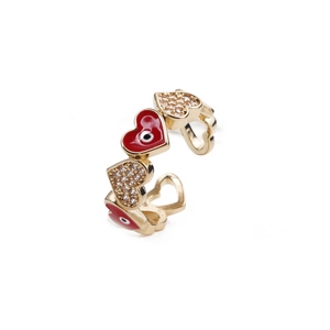 Fashionable gold heart ring with red enamel eye pattern and sparkling crystals