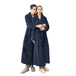 Thick navy blue plush couple bathrobes with diamond texture and belted long sleeves