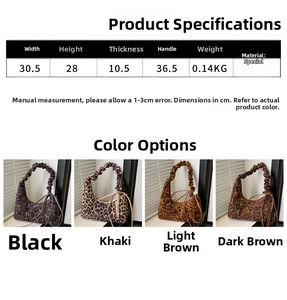 Tableau détaillé des tailles et quatre options de couleur pour le sac léopard