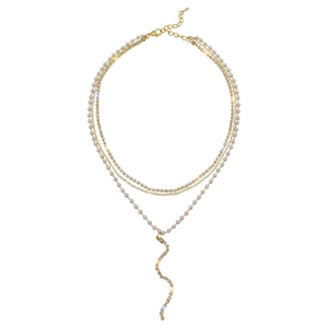 Elegant gold-tone layered necklace featuring faux pearls, rhinestones and tassel fringe