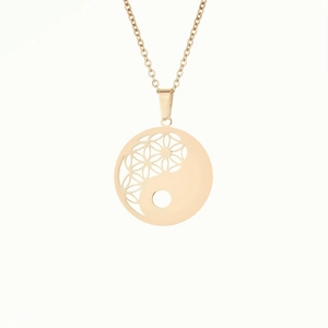 Rose gold stainless steel Tai Chi Yin Yang pendant necklace with Flower of Life detail
