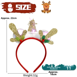 Size details of a light-up Christmas headband with reindeer antlers and mini Santa hat