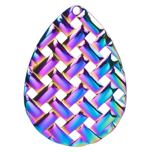 Macro detail of rainbow teardrop pendant with woven texture and hollow design