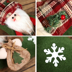 Christmas stocking with Santa Claus, plaid patterns, and burlap bag in four detailed views