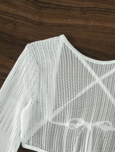 Close-up of white mesh fabric texture and neat edge binding of the three-piece bikini set