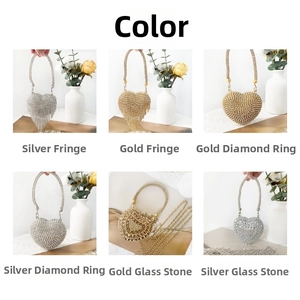 Detailed grid view showing six styles of crystal-encrusted heart-shaped evening clutch bags