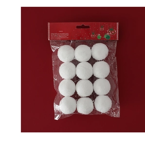 Pack of 12 white fuzzy Christmas snowball ornaments with red card header packaging