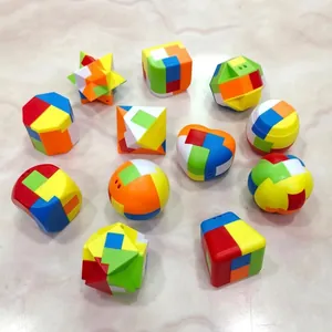 Colorful 3D plastic puzzle locks set for kids featuring 11 geometric shapes and ball
