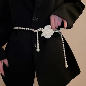 Lange Kunstperlenhalskette Und Taillenkette Mit Stoff Kamelienblüte Dekoration Vintage Eleganter Stil Für Damen