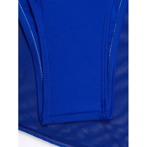 Detail of royal blue mesh stitching and smooth lining fabric on 3-piece bikini set