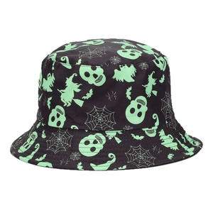 Halloween bucket hat with neon green skull and witch patterns on a black base