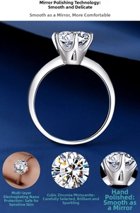 Macro detail of a 2-carat moissanite ring featuring a classic six-prong crown silver setting