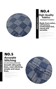 Detailed view of the blue checkerboard denim fabric with premium precision stitching