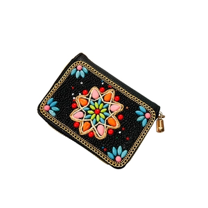 Bohemian black leather card holder with colorful resin beads and gold chain embroidery