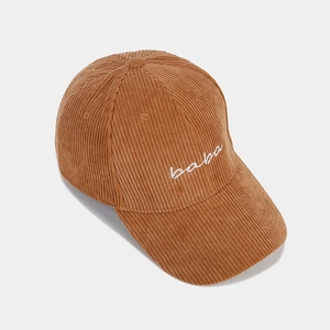 Retro caramel brown corduroy baseball cap with white baba embroidery for autumn winter