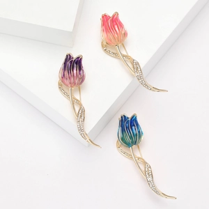 Elegant Enamel Tulip Brooch For Women Alloy High-End Plant Flower Rhinestone Pin Fashion Jewelry Gift For Suit Dress
