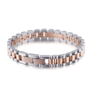 Polished silver and rose gold titanium steel bracelet in classic watch link design