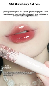 Glossy mirror water lip glaze in strawberry red shade 03 with cute bear cap detail
