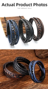 Detailansicht von mehrlagigen Lederarmbändern mit Magnetverschluss in Blau, Schwarz und Braun