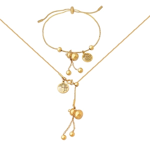 Golden gourd jewelry set with Fu character necklace and adjustable tassel bracelet