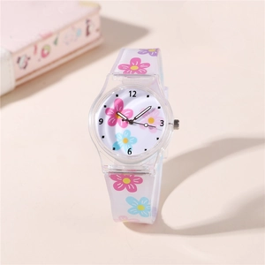 Kids quartz watch with transparent floral strap and white dial featuring flower motifs
