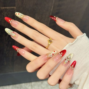 Christmas Red Gold Press On Nails Handmade Luxury Rhinestone Pearl Christmas Tree Heart Long Stiletto Oval Reusable Nails