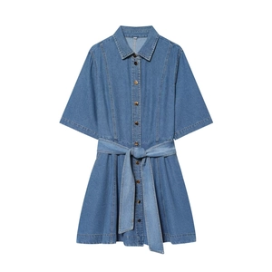 Damen Denim Mini Kleid Kurzarm Knopfleiste Hemdkragen Taillengürtel Elegant A Linie Lässig Streetwear Mode
