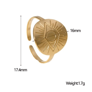 Detailed dimensions of gold Evil Eye ring with 17.4mm height and 16mm diameter