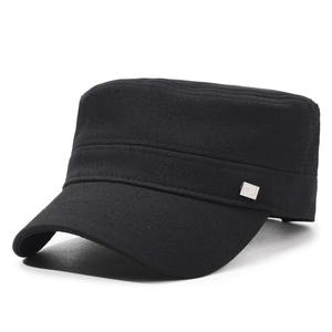 Classic black breathable cotton flat top military cap for men with metal side detail