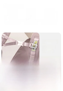 Detail of breathable honeycomb mesh shoulder straps and chest buckle on lavender backpack