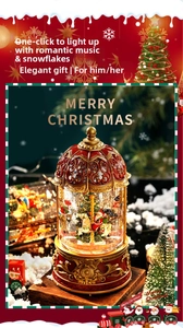 Detail of vintage Christmas carousel music box with LED lights and automatic snow effects