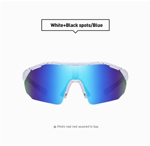 Detail of white speckled frame sports sunglasses with blue mirrored coating lenses
