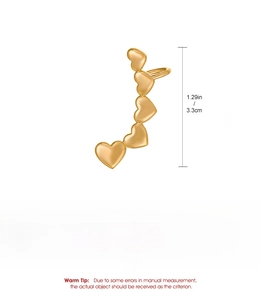Detailed view of five linked gold hearts ear cuff measuring 3.3cm on a white background