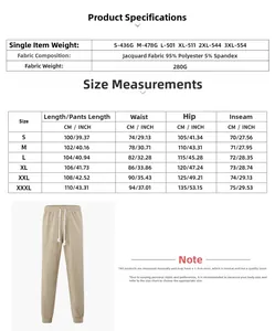 Detailed size chart and fabric composition for men's jacquard street casual trousers