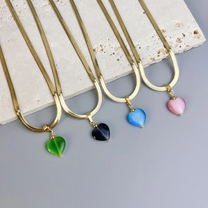 Flat 18K gold snake chain necklace with heart cat eye stone pendants in multiple colors