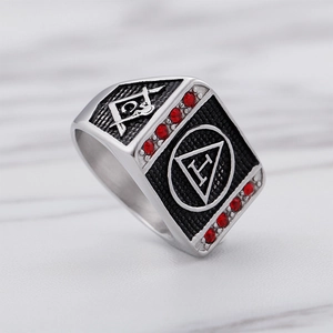 Men's stainless steel Masonic ring with red stones and silver black hip hop finish