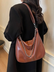 Women Large Capacity Hobo Bag PU Soft Leather Contrast Stitching Underarm Bag With Silver Metal Chain Retro Casual Fashion