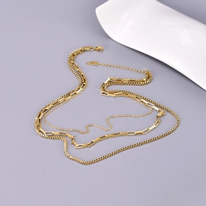 Three-layer 18K gold plated stainless steel necklace featuring layered link chain design