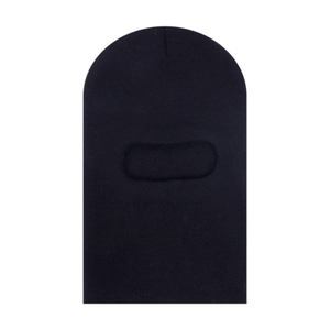 Close-up of black knitted balaclava ski mask with single-hole design and warm rib texture