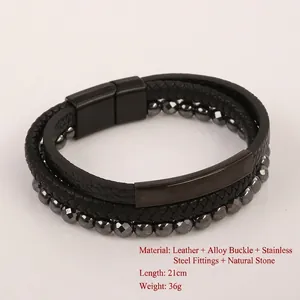 Multilayer men's leather bracelet with natural stones and black magnetic clasp, 21cm