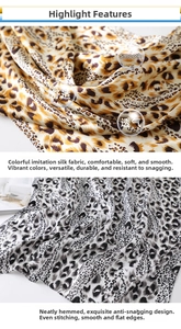 Close-up of leopard print satin scarf featuring smooth texture and refined stitching