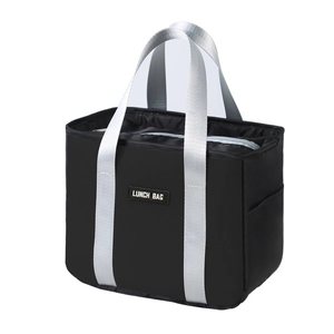 Insulated black lunch bag with silver-grey handles and a central LUNCH BAG label