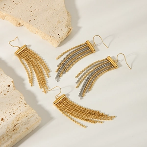 Elegant 18K gold plated stainless steel long tassel fringe earrings with metallic finish