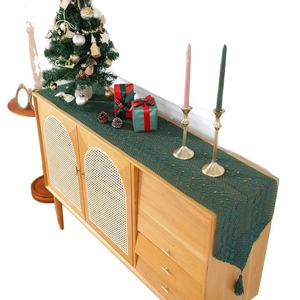 Vintage dark green crochet table runner with lace tassels for Christmas dining decor