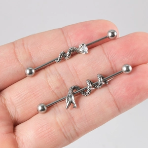 Silver stainless steel industrial barbell earrings with snake design and crystal stone