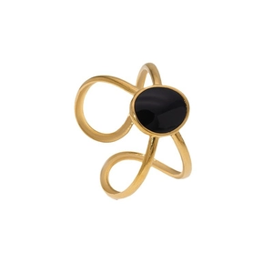 18K gold plated stainless steel multi-layer ring featuring a black oval centerpiece