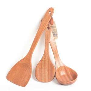 Three-piece ebony wood kitchen utensil set with long-handle spatula, spoon, and rice paddle